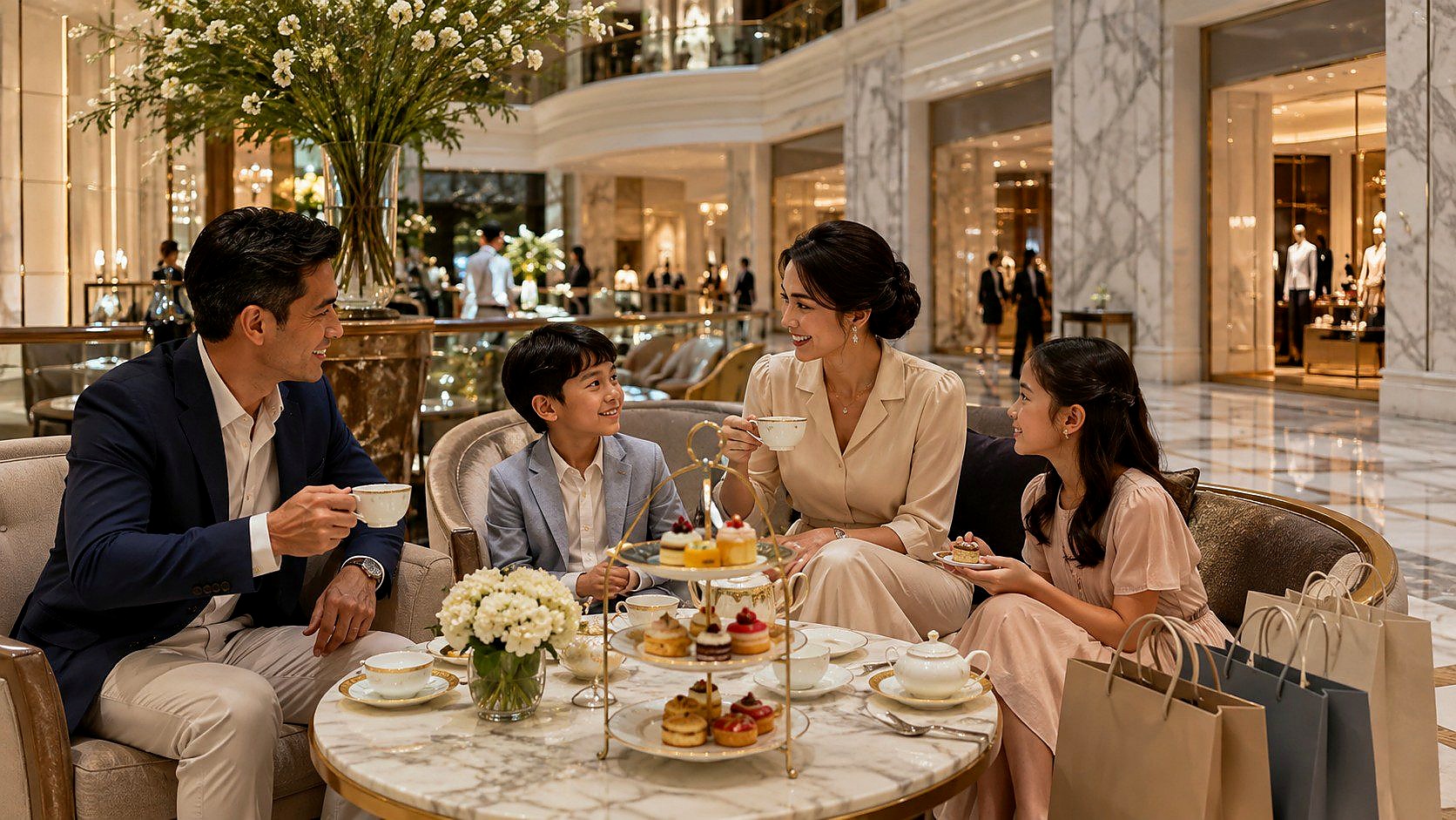 Family enjoying afternoon tea together while a patient rests
