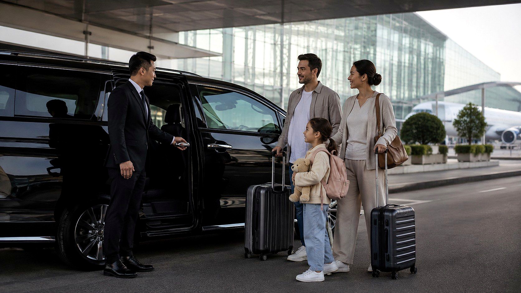A family greeted by a private chauffeur at the airport, rest-first arrival